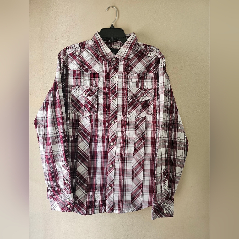 Various Artists Slim Fit Burgundy & White Plaid Western Pearl Snap Shirt - Large